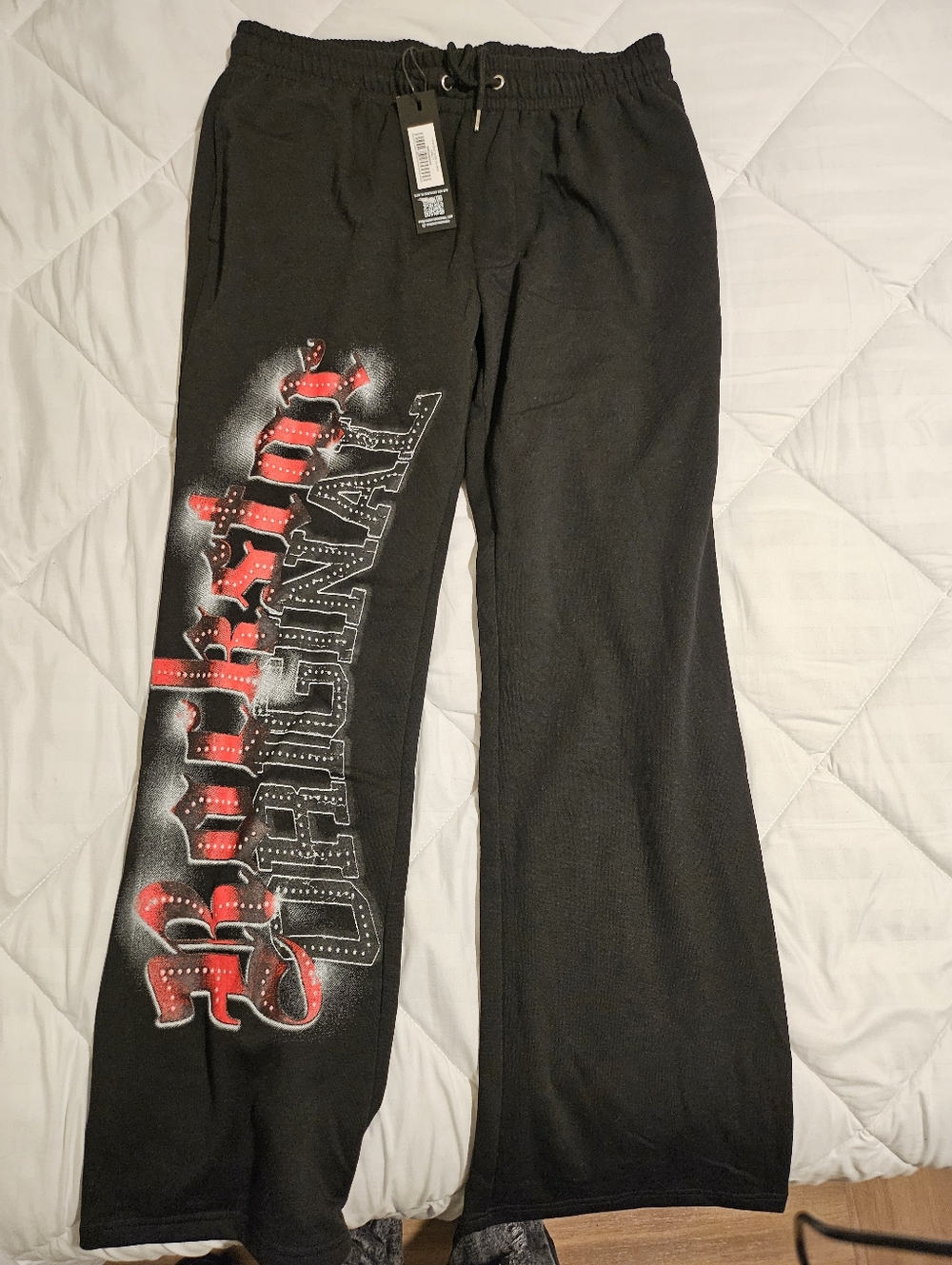 Black Sweatpants with Red Graphic Lettering